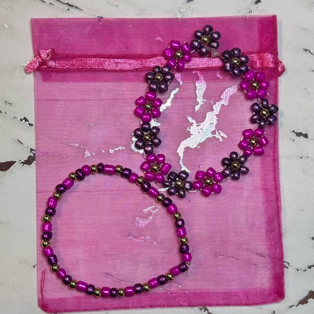 Pink & Purple Flower Bracelet Set